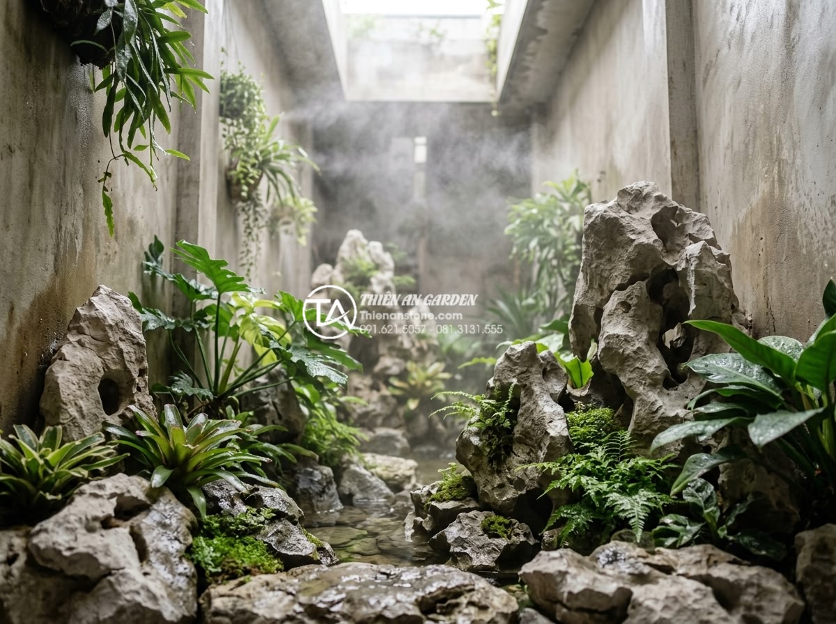 Hướng dẫn lắp đặt hệ thống tưới tự động cho tiểu cảnh giếng trời - Hình 14 Hướng dẫn lắp đặt hệ thống tưới tự động cho tiểu cảnh giếng trời - Active misting system creating a gentle fog effect over tropical foliage and wat
