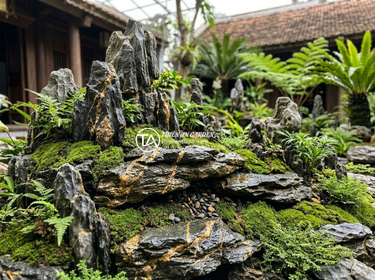 Hướng dẫn lắp đặt hệ thống tưới tự động cho tiểu cảnh giếng trời - Hình 15 Hướng dẫn lắp đặt hệ thống tưới tự động cho tiểu cảnh giếng trời - Seamless integration of irrigation tubing hidden beneath layered natural stone a