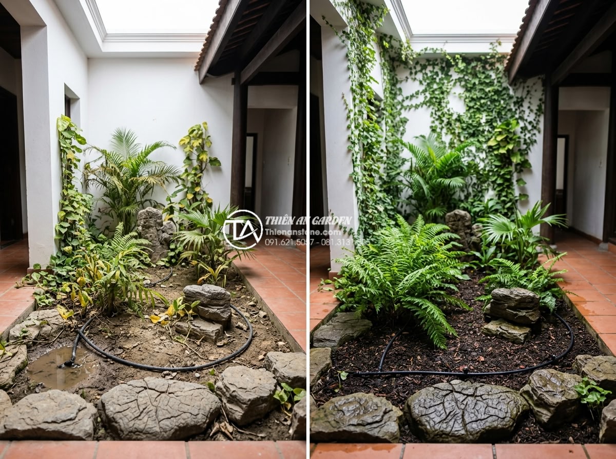 Hướng dẫn lắp đặt hệ thống tưới tự động cho tiểu cảnh giếng trời - Hình 20 Hướng dẫn lắp đặt hệ thống tưới tự động cho tiểu cảnh giếng trời - Before and after comparison of a corrected irrigation issue in a skywell with he