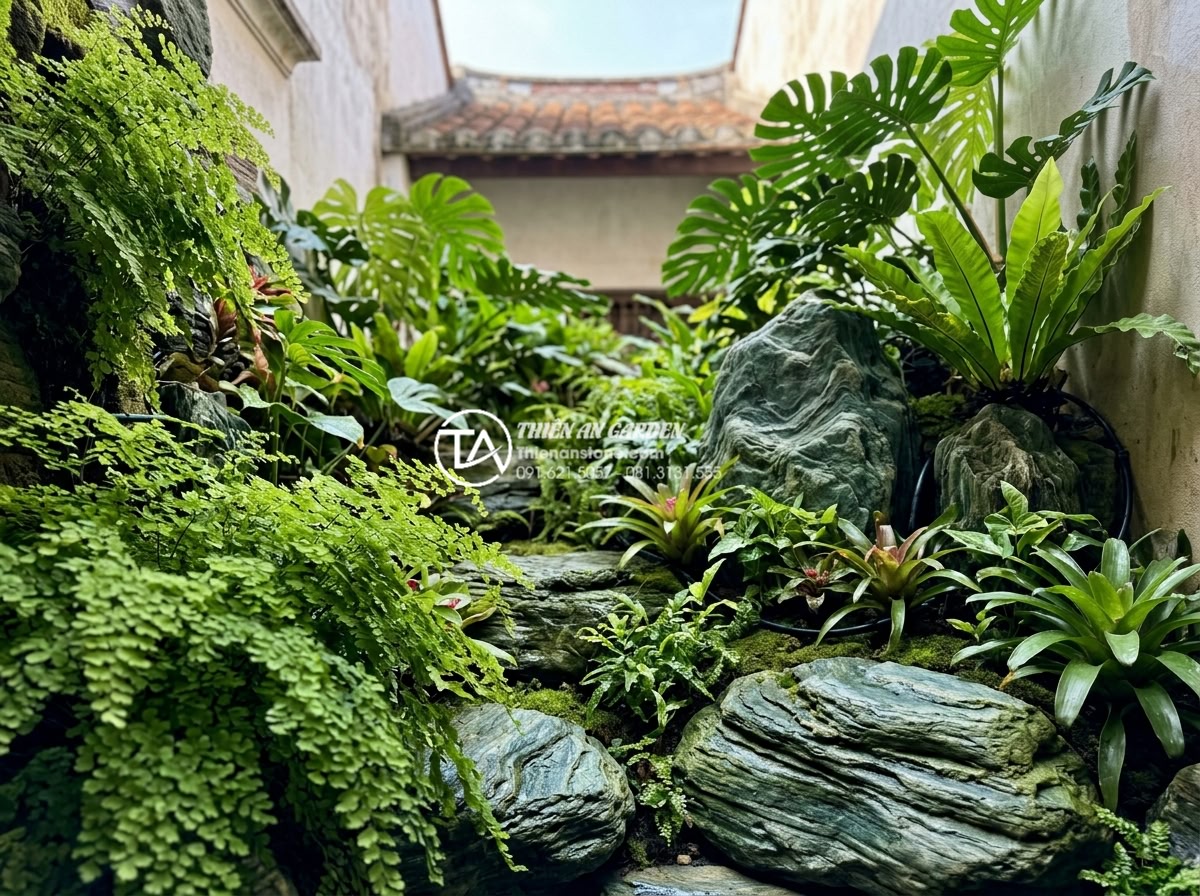Hướng dẫn lắp đặt hệ thống tưới tự động cho tiểu cảnh giếng trời - Hình 3 Hướng dẫn lắp đặt hệ thống tưới tự động cho tiểu cảnh giếng trời - Vibrant image of thriving ferns and tropical plants in a skywell garden with aut