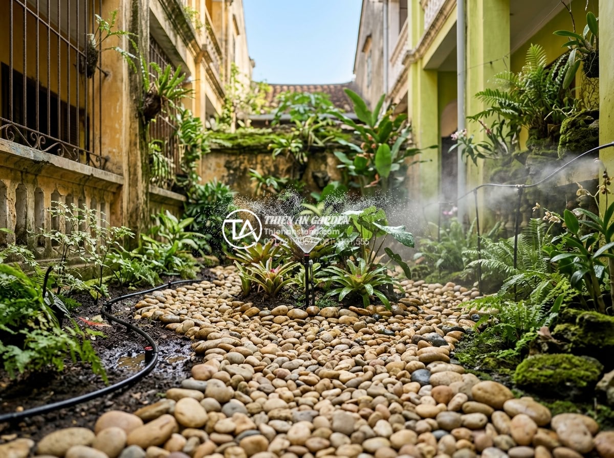 Hướng dẫn lắp đặt hệ thống tưới tự động cho tiểu cảnh giếng trời - Hình 5 Hướng dẫn lắp đặt hệ thống tưới tự động cho tiểu cảnh giếng trời - Comparison image showing different types of irrigation systems including drip li