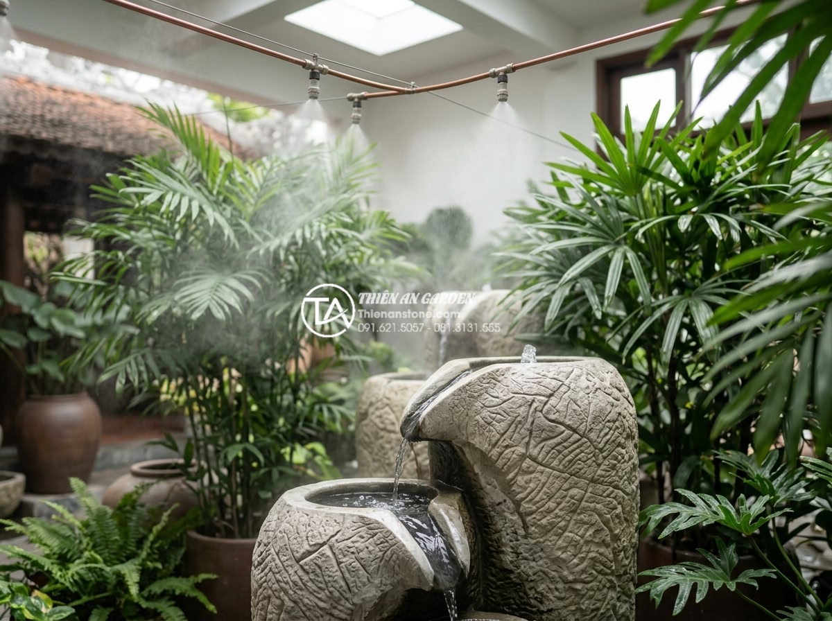 Hướng dẫn lắp đặt hệ thống tưới tự động cho tiểu cảnh giếng trời - Hình 6 Hướng dẫn lắp đặt hệ thống tưới tự động cho tiểu cảnh giếng trời - Detailed view of misting nozzles creating fine spray over palm-like plants and p