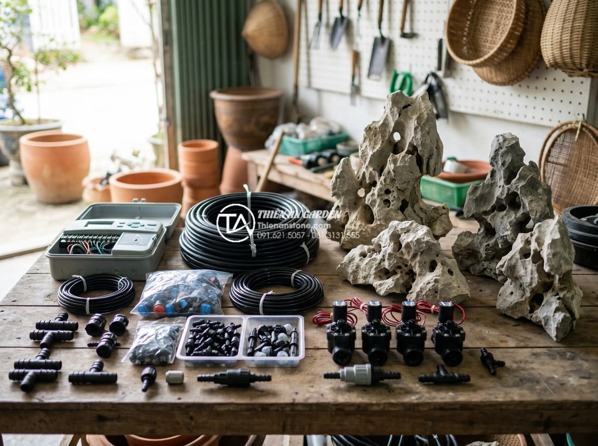 Hướng dẫn lắp đặt hệ thống tưới tự động cho tiểu cảnh giếng trời - Hình 7 Hướng dẫn lắp đặt hệ thống tưới tự động cho tiểu cảnh giếng trời - Organized layout of irrigation components including controller box, drip tubing,