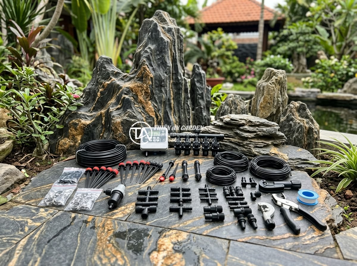 Hướng dẫn lắp đặt hệ thống tưới tự động cho tiểu cảnh giếng trời - Hình 8 Hướng dẫn lắp đặt hệ thống tưới tự động cho tiểu cảnh giếng trời - Professional installation kit for automatic garden irrigation showing all necess