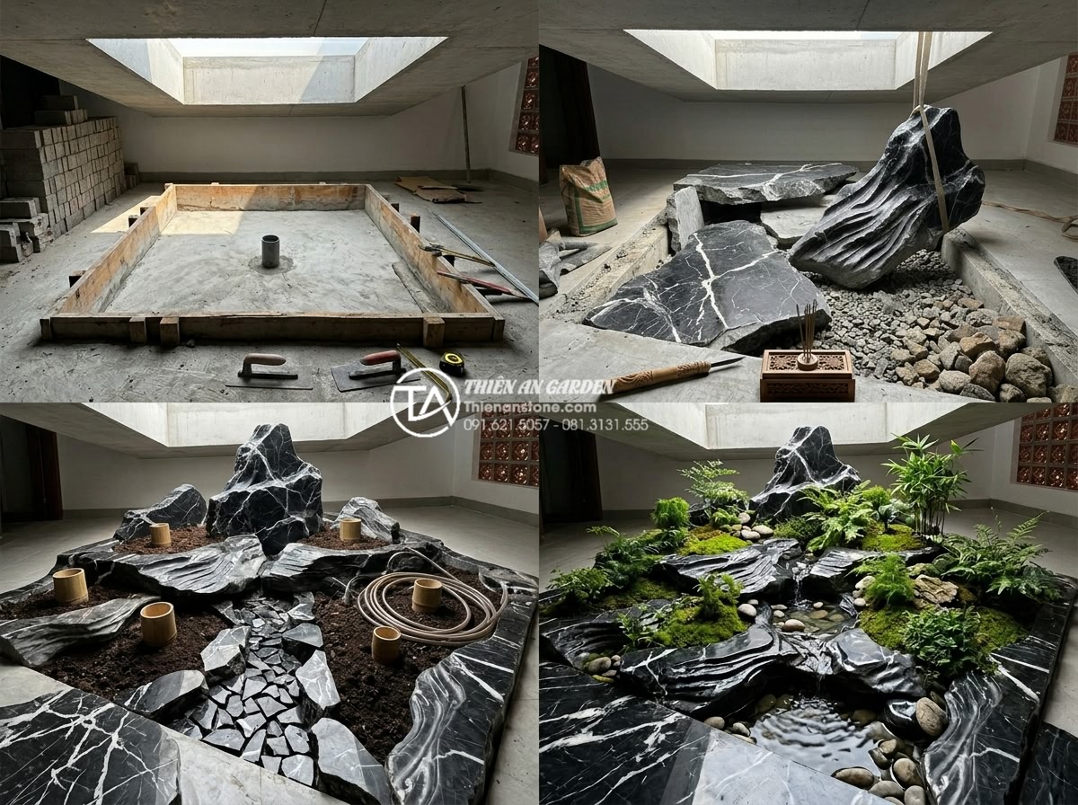 Hướng dẫn tự làm tiểu cảnh giếng trời mini tiết kiệm chi phí - Step-by-step construction sequence photos of building a mini stone skylight gard