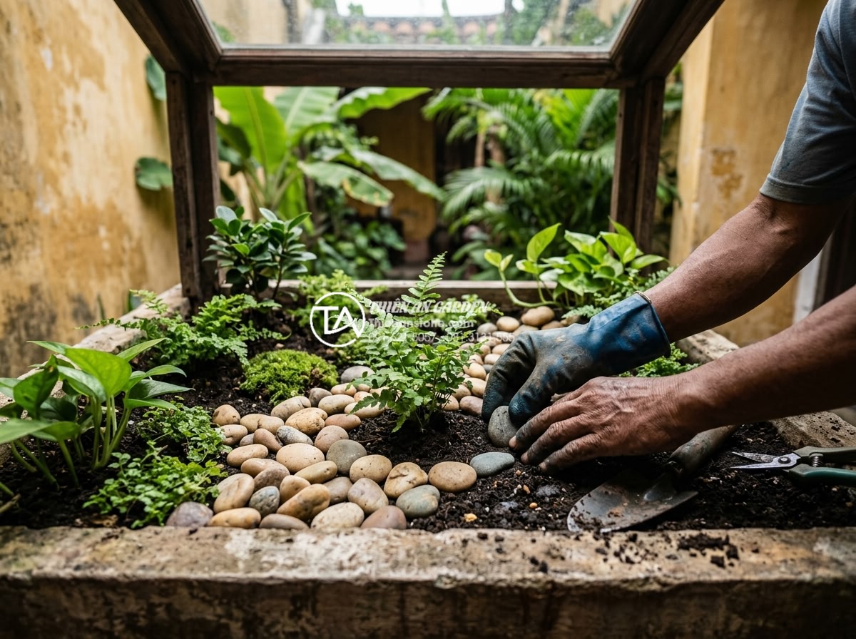 Hướng dẫn tự làm tiểu cảnh giếng trời mini tiết kiệm chi phí - Completed DIY mini skylight garden during installation phase with worker hands p