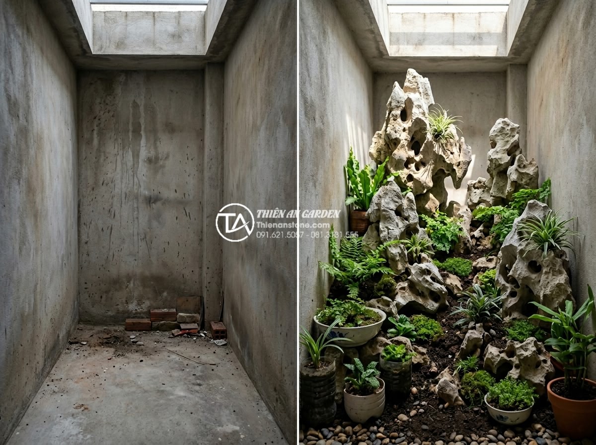 Hướng dẫn tự làm tiểu cảnh giếng trời mini tiết kiệm chi phí - Cost effective mini garden setup using affordable stones and household items tra