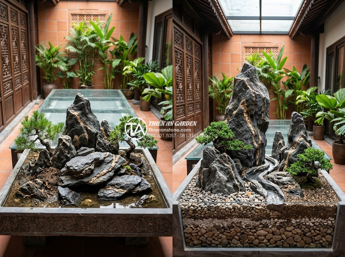 Hướng dẫn tự làm tiểu cảnh giếng trời mini tiết kiệm chi phí - Common mistakes in mini skylight stone garden like poor drainage and wrong stone