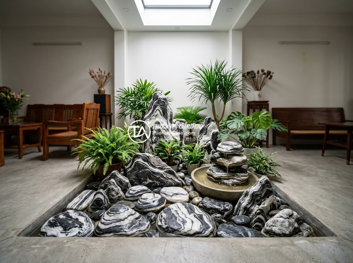 Hướng dẫn tự làm tiểu cảnh giếng trời mini tiết kiệm chi phí - Wide angle view of a compact home interior with a mini skylight feature using po