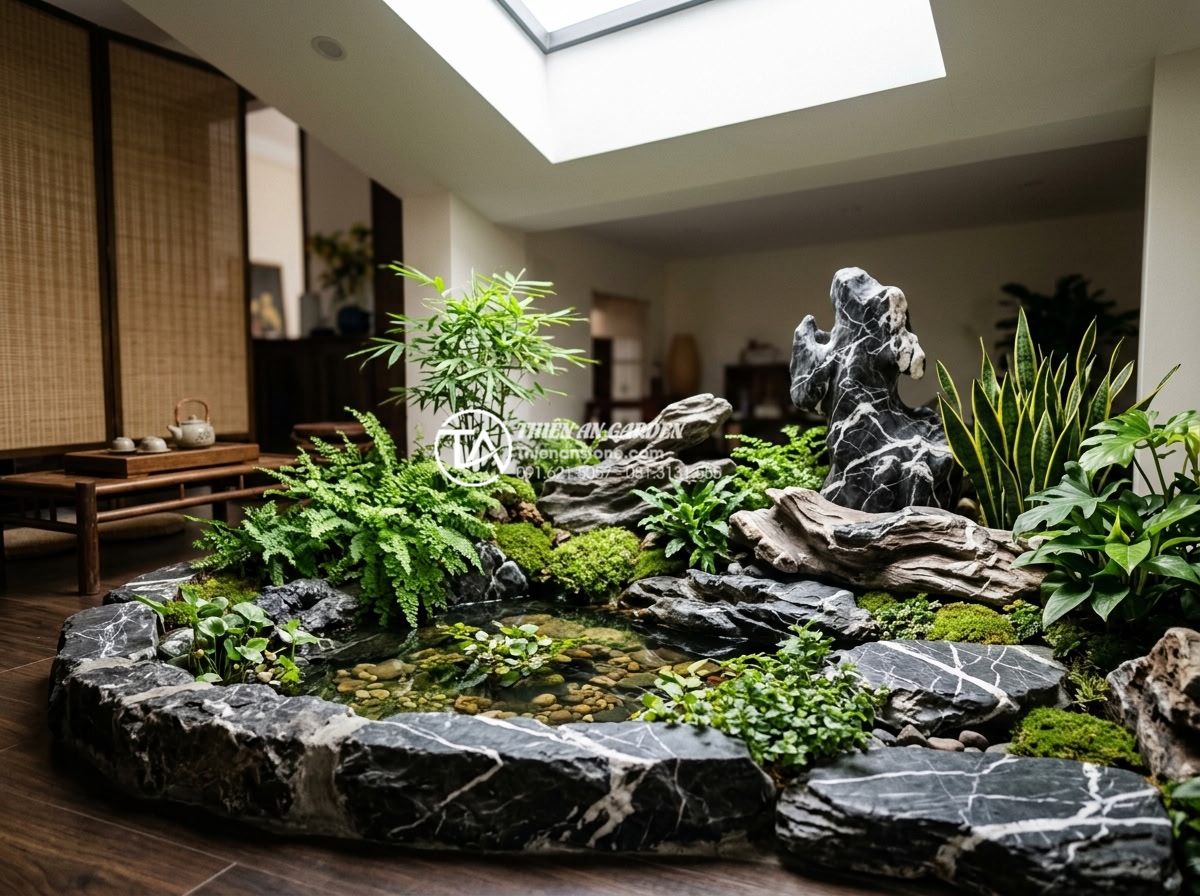 Hướng dẫn tự làm tiểu cảnh giếng trời mini tiết kiệm chi phí - Serene family enjoying a mini skylight garden at home, natural stone borders aro