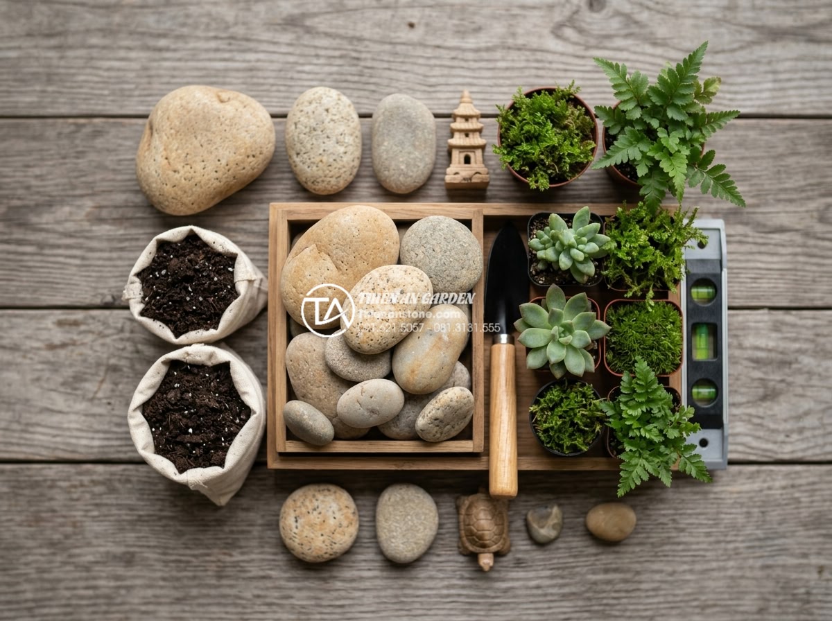 Hướng dẫn tự làm tiểu cảnh giếng trời mini tiết kiệm chi phí - Flat lay image displaying all necessary materials for DIY mini skylight garden i