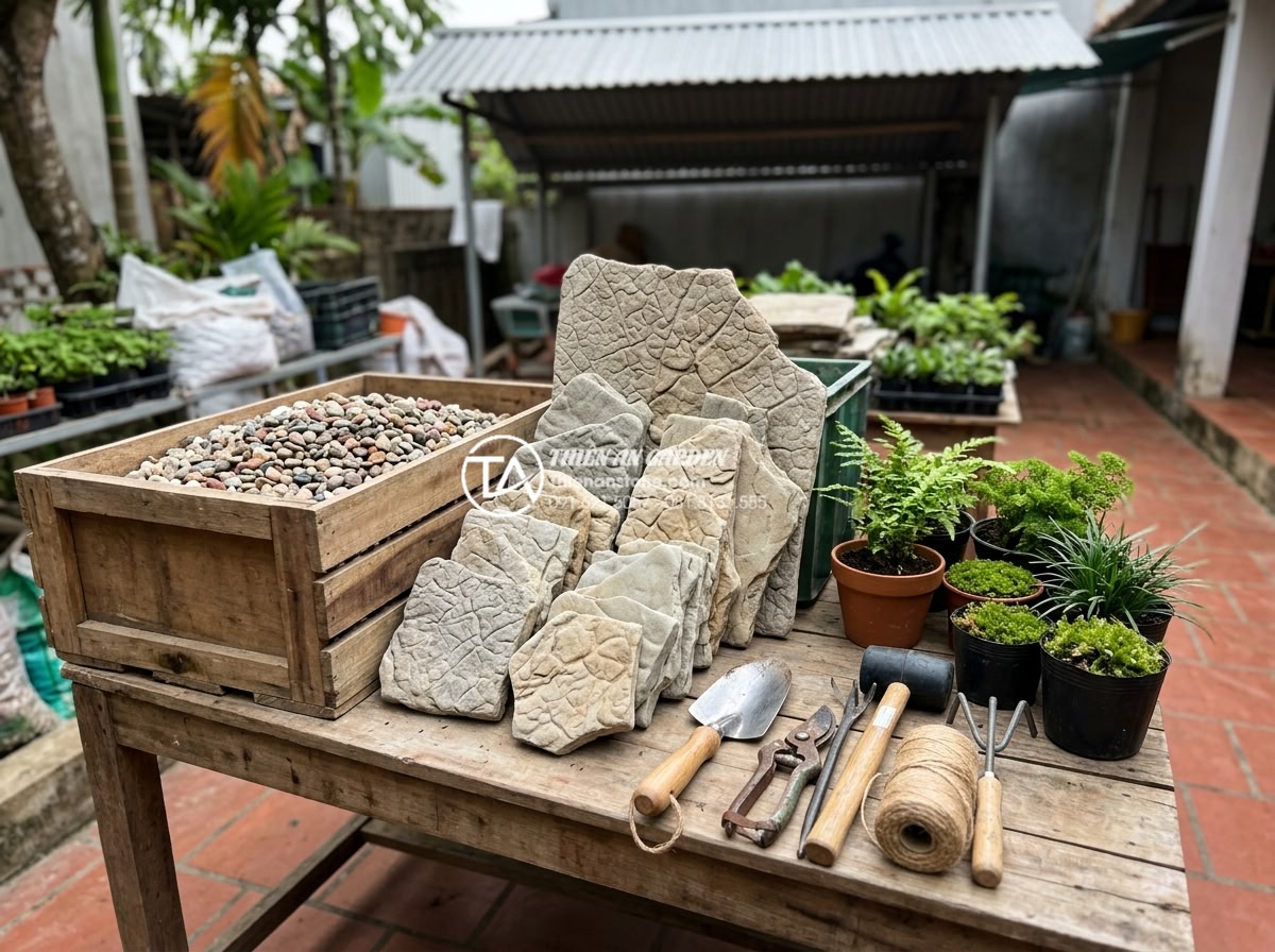 Hướng dẫn tự làm tiểu cảnh giếng trời mini tiết kiệm chi phí - Organized collection of budget-friendly materials for stone garden skylight proj