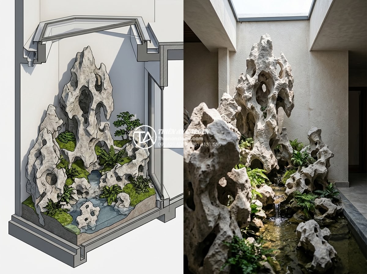 Hướng dẫn tự làm tiểu cảnh giếng trời mini tiết kiệm chi phí - 3D rendered design plan and actual built mini skylight stone garden, side by sid