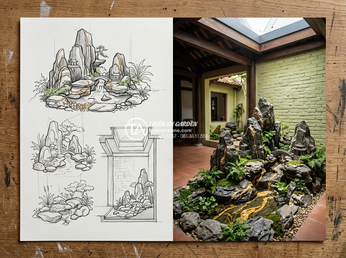 Hướng dẫn tự làm tiểu cảnh giếng trời mini tiết kiệm chi phí - Hand drawn sketch and final realization of simple home skylight mini garden usin