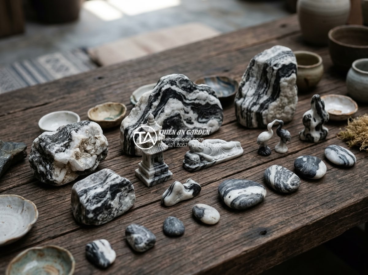 Hướng dẫn tự làm tiểu cảnh giếng trời mini tiết kiệm chi phí - Close-up selection of various natural stones and carved art pieces suitable for 