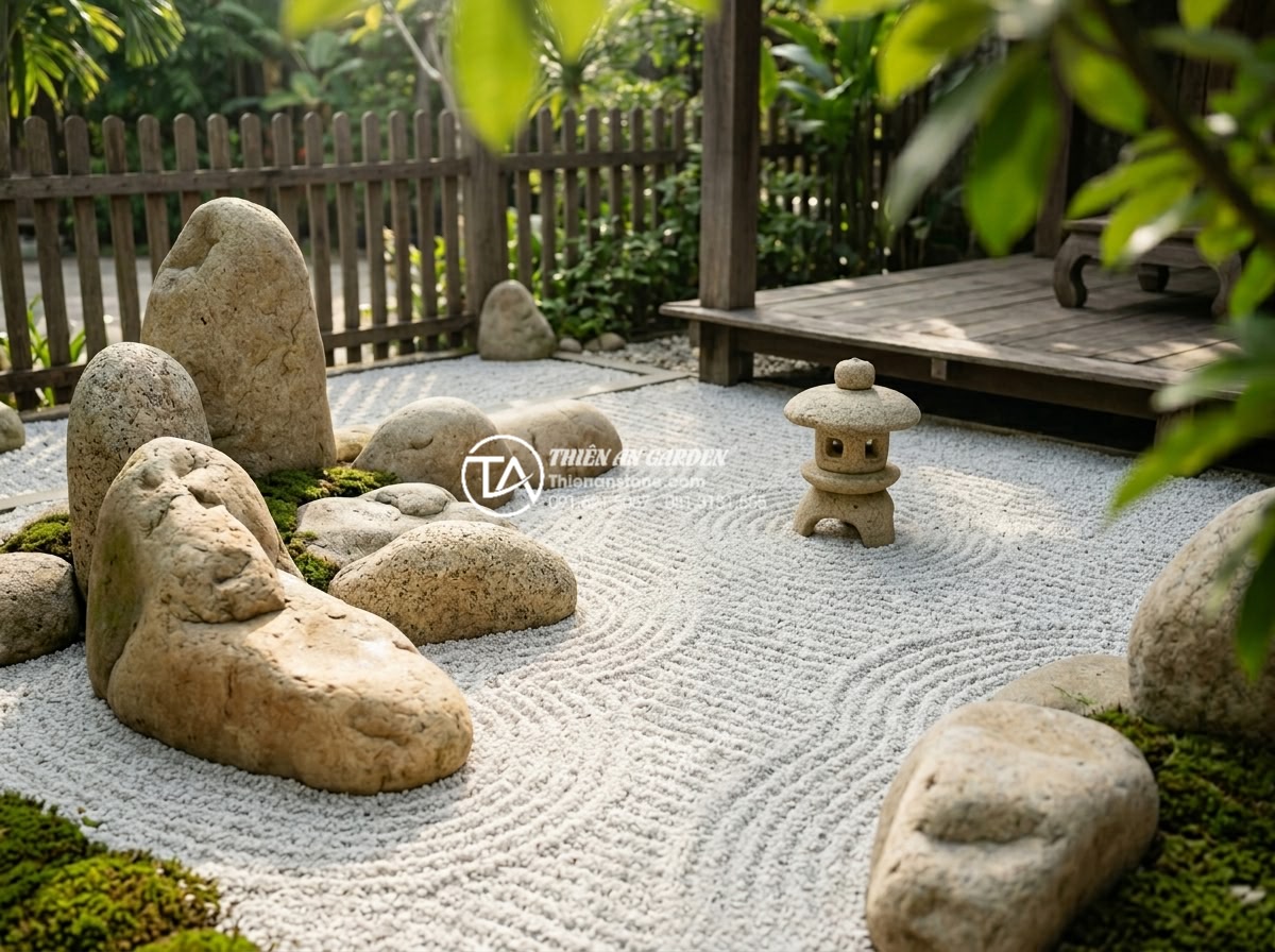 Hướng dẫn tự làm tiểu cảnh khô sân sau đơn giản trong 2 ngày - Professional wide-angle photo of a serene dry stone backyard Zen garden in Vietn