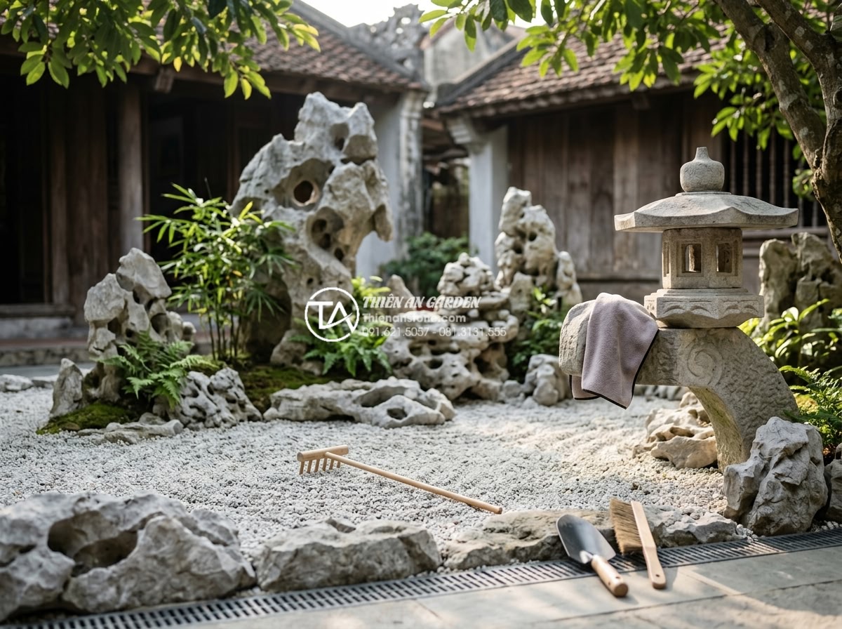 Hướng dẫn tự làm tiểu cảnh khô sân sau đơn giản trong 2 ngày - Maintenance scene of a well-kept dry stone backyard garden: person gently raking
