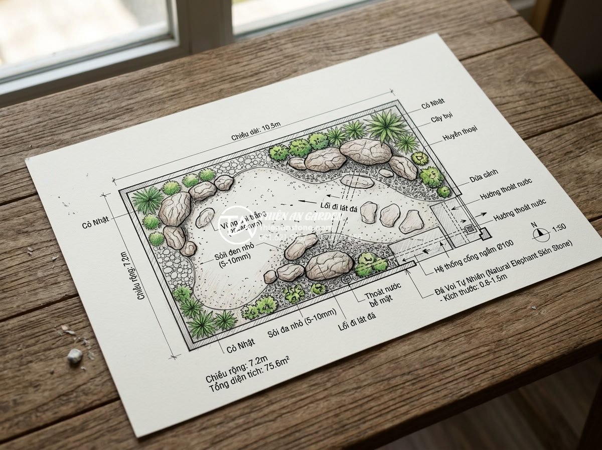 Hướng dẫn tự làm tiểu cảnh khô sân sau đơn giản trong 2 ngày - Detailed overhead view of a hand-drawn design sketch for a dry backyard stone ga