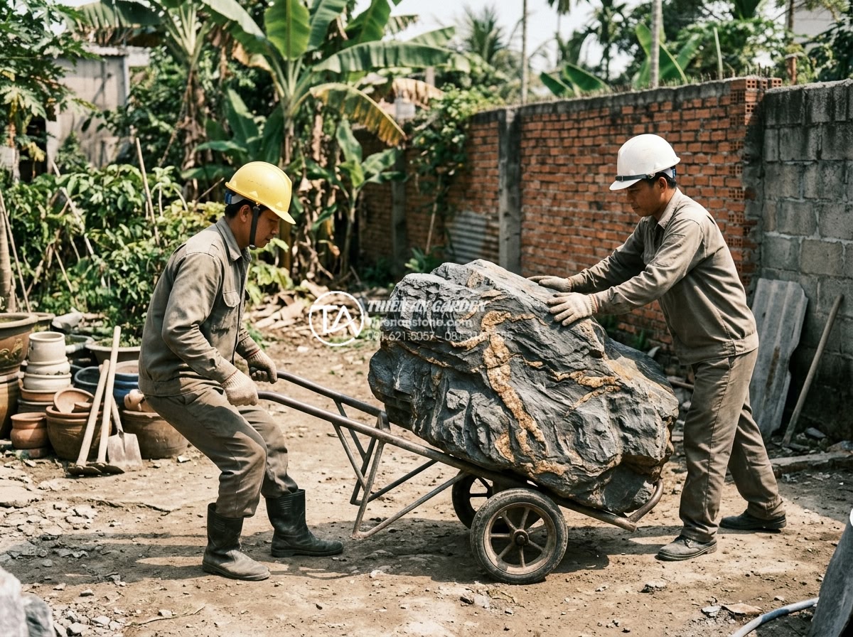 Hướng dẫn tự làm tiểu cảnh khô sân sau đơn giản trong 2 ngày - Action shot of two Vietnamese workers safely moving a large natural granite boul