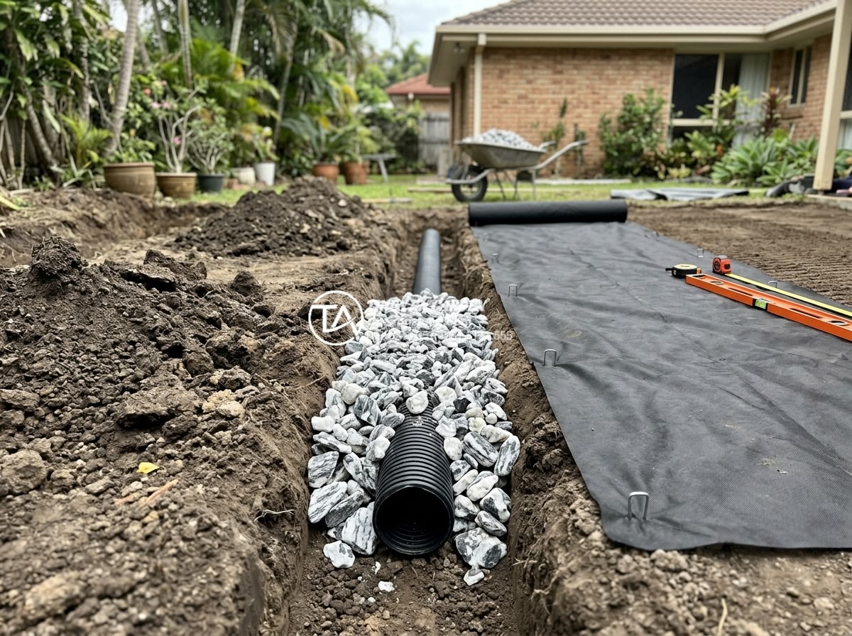 Hướng dẫn tự làm tiểu cảnh khô sân sau đơn giản trong 2 ngày - Step-by-step construction photo of backyard ground preparation: excavated soil, 