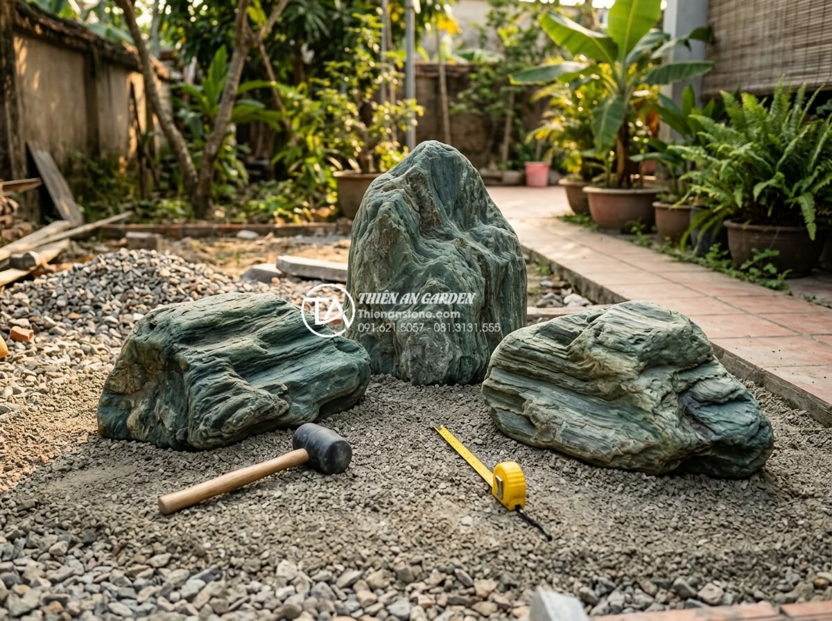 Hướng dẫn tự làm tiểu cảnh khô sân sau đơn giản trong 2 ngày - Realistic photo of a partially completed dry stone garden in backyard during lat
