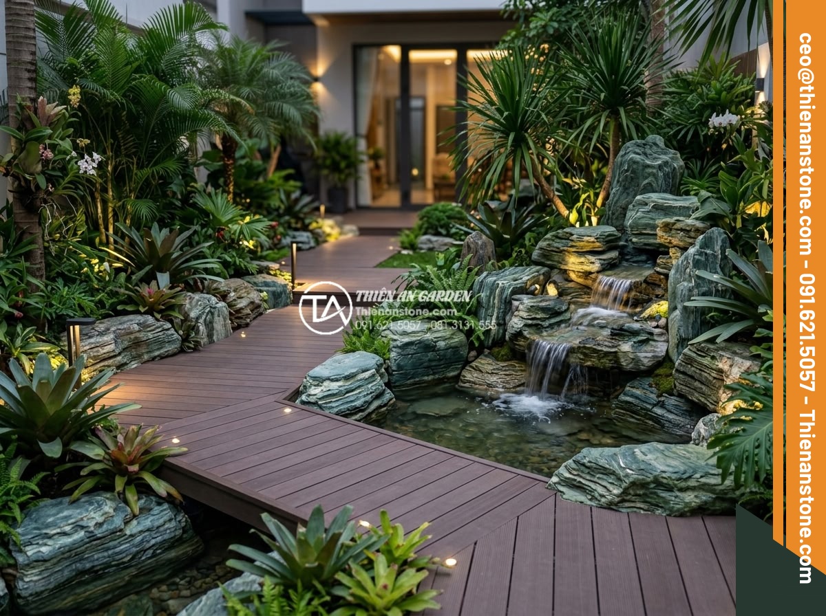 Kết hợp gỗ nhựa và đá tự nhiên: Xu hướng tiểu cảnh hiện đại 2026 - A luxurious modern backyard garden in 2026 featuring composite wood decking path