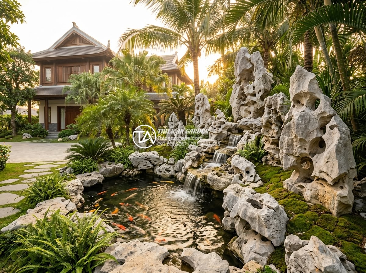 Kinh nghiệm chọn đá cảnh trang trí tiểu cảnh trước nhà bền đẹp theo thời gian - Photorealistic wide-angle view of an elegant Vietnamese luxury villa front yard 