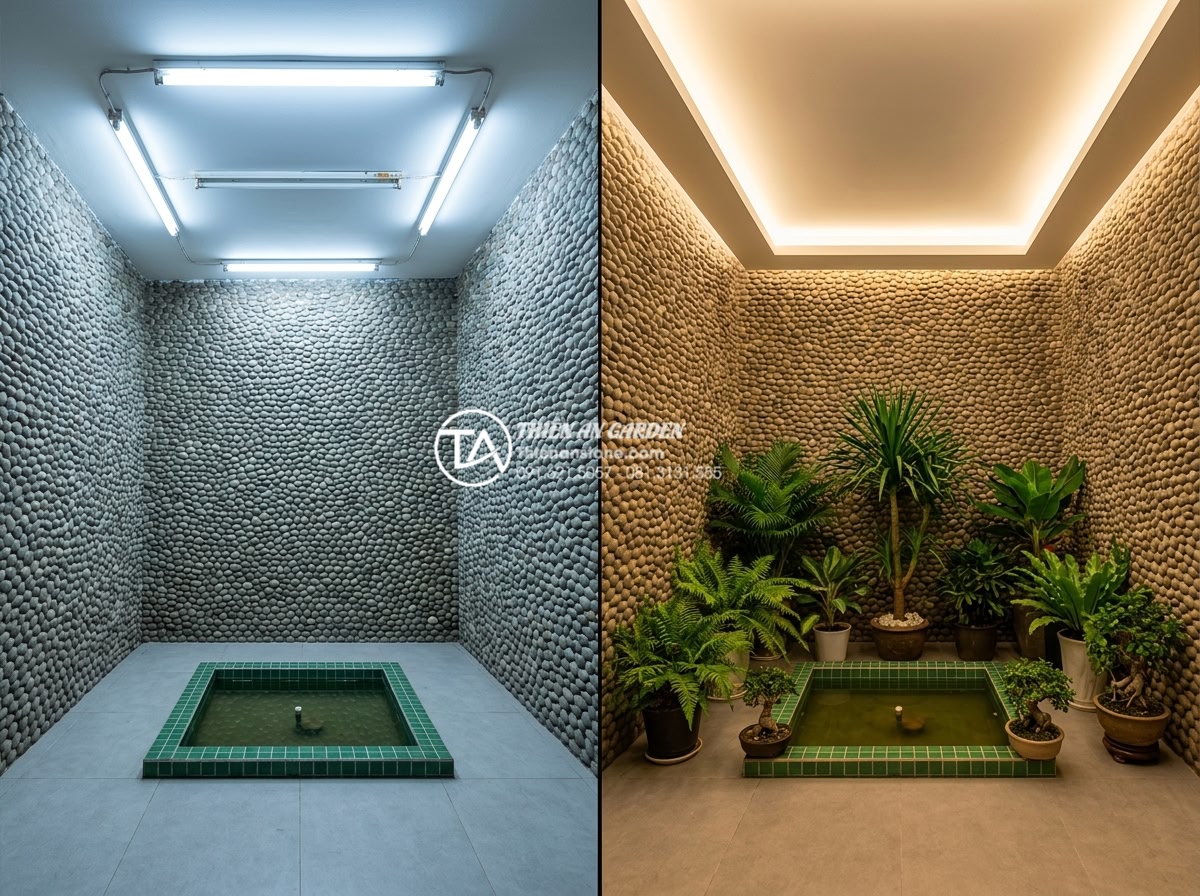 Kinh nghiệm chọn đèn led trang trí giếng trời lung linh vào ban đêm - Hình 14 Kinh nghiệm chọn đèn led trang trí giếng trời lung linh vào ban đêm - Before and after comparison of poorly installed vs correctly chosen LED lights i