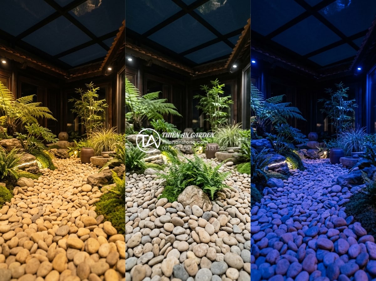 Kinh nghiệm chọn đèn led trang trí giếng trời lung linh vào ban đêm - Hình 7 Kinh nghiệm chọn đèn led trang trí giếng trời lung linh vào ban đêm - Comparison of warm white, neutral white, and RGB LED colors illuminating differe