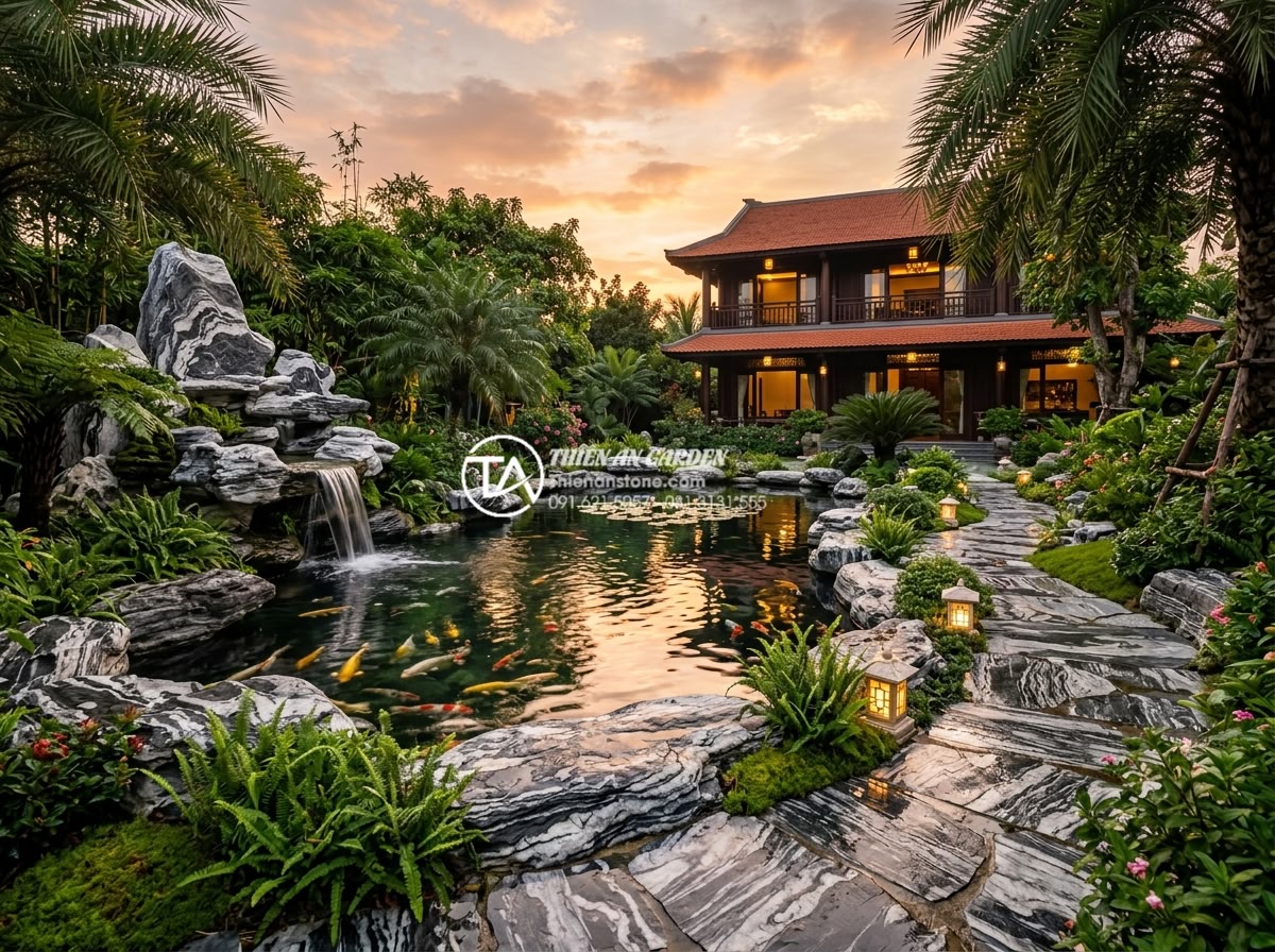 Kinh nghiệm chọn đơn vị thi công tiểu cảnh đá mỹ nghệ uy tín - Hình 10 Kinh nghiệm chọn đơn vị thi công tiểu cảnh đá mỹ nghệ uy tín - Beautiful closing image of a serene luxury stone garden at sunset with natural r