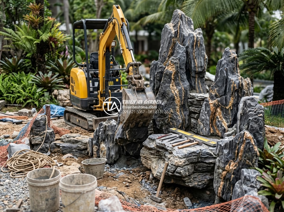 Kinh nghiệm chọn đơn vị thi công tiểu cảnh đá mỹ nghệ uy tín - Hình 2 Kinh nghiệm chọn đơn vị thi công tiểu cảnh đá mỹ nghệ uy tín - Professional team of experienced Vietnamese stone artisans and landscape enginee