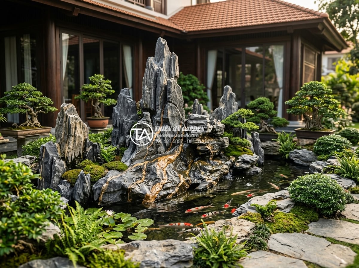Kinh nghiệm chọn đơn vị thi công tiểu cảnh đá mỹ nghệ uy tín - Hình 9 Kinh nghiệm chọn đơn vị thi công tiểu cảnh đá mỹ nghệ uy tín - Realistic collage of happy Vietnamese clients standing proudly in front of their