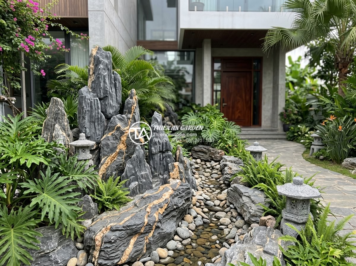 Kinh nghiệm thuê thợ thi công tiểu cảnh đá: Cách tránh tiền mất tật mang - Modern Vietnamese villa front yard featuring a large natural granite rockery wit