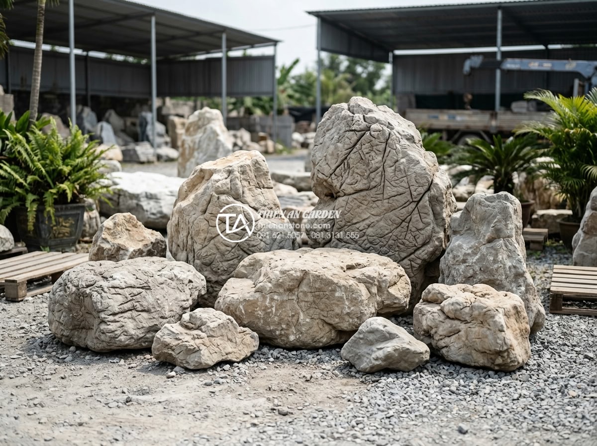 Kinh nghiệm thuê thợ thi công tiểu cảnh đá: Cách tránh tiền mất tật mang - Various premium natural stone samples from Thien An Stone warehouse including la