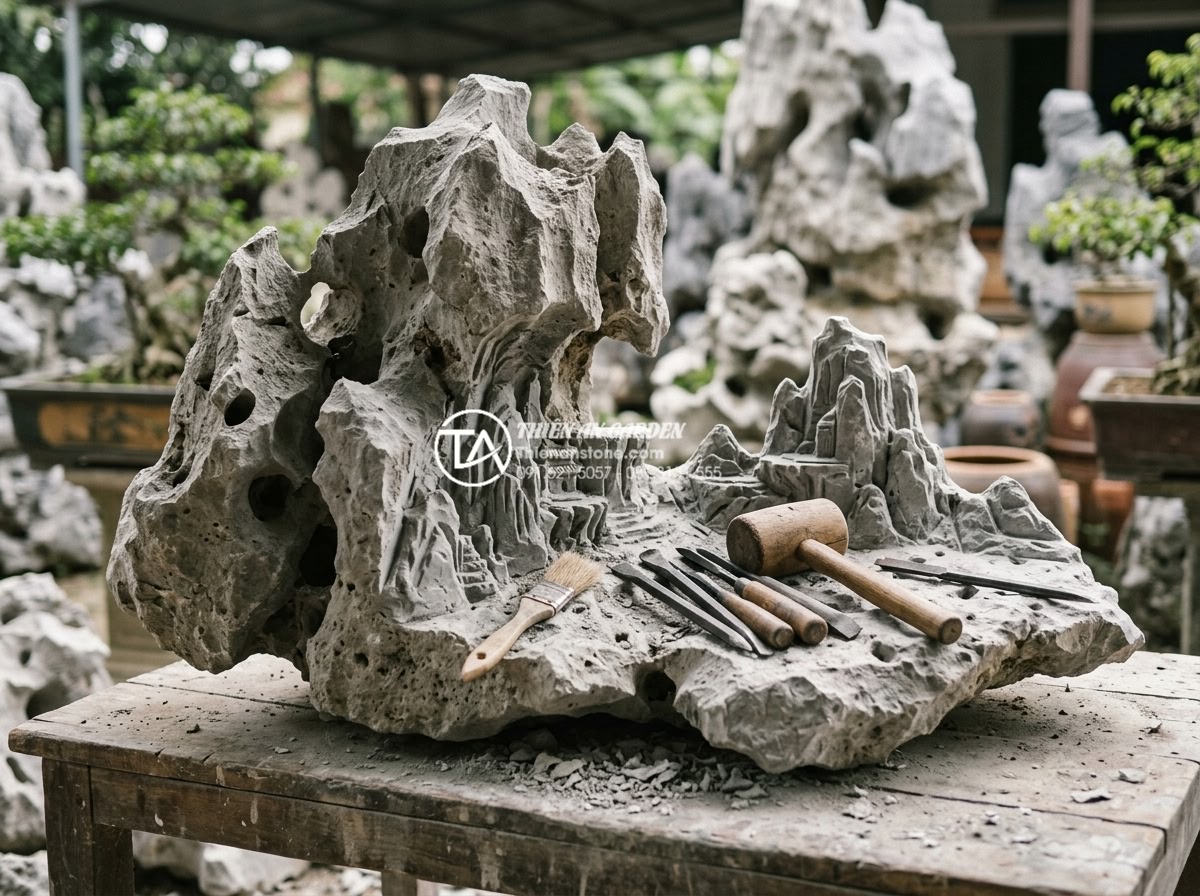 Kinh nghiệm thuê thợ thi công tiểu cảnh đá: Cách tránh tiền mất tật mang - Artisan hand-carving intricate details on a large piece of Vietnamese sa thạch s