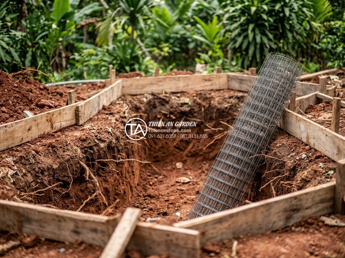 Kinh nghiệm thuê thợ thi công tiểu cảnh đá: Cách tránh tiền mất tật mang - Step-by-step construction process of a stone landscape showing excavation for fo