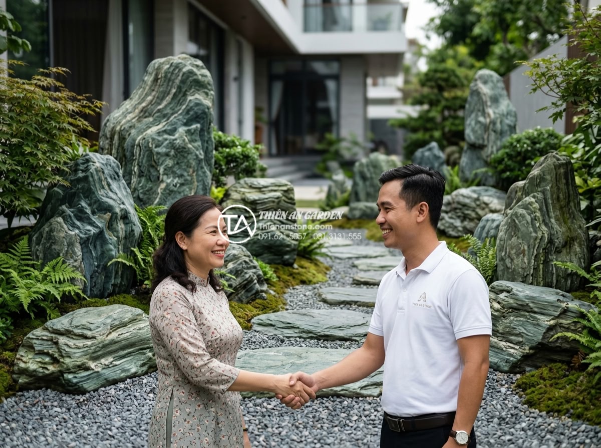 Kinh nghiệm thuê thợ thi công tiểu cảnh đá: Cách tránh tiền mất tật mang - Happy homeowner at a completed Quận 2 villa stone garden project shaking hands w