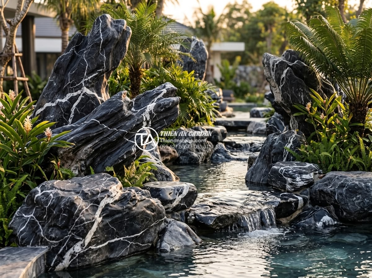 Kinh nghiệm thuê thợ thi công tiểu cảnh đá: Cách tránh tiền mất tật mang - Stunning completed resort stone landscape at Phu Quoc with large natural rocks, 