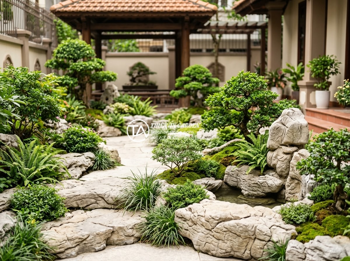 Kinh nghiệm thuê thợ thi công tiểu cảnh đá: Cách tránh tiền mất tật mang - Beautifully maintained stone garden at a Hanoi villa showing pristine condition 