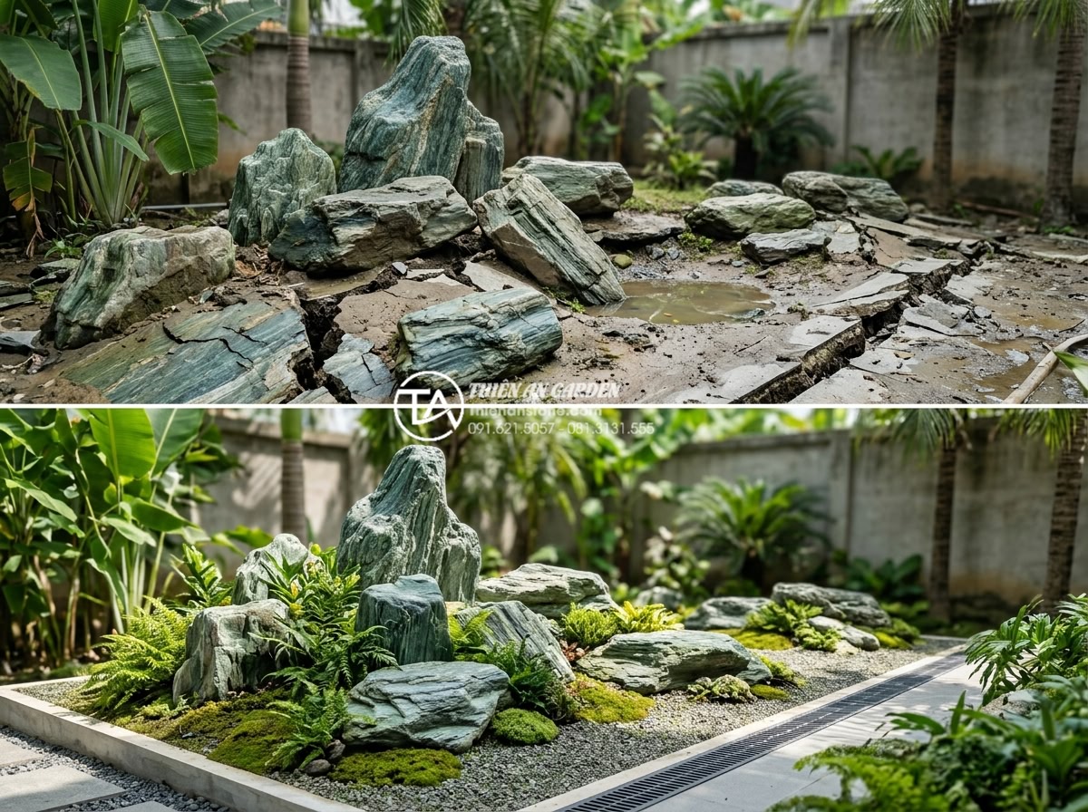 Kinh nghiệm thuê thợ thi công tiểu cảnh đá: Cách tránh tiền mất tật mang - Before and after comparison of a failed stone landscape project in Ho Chi Minh C