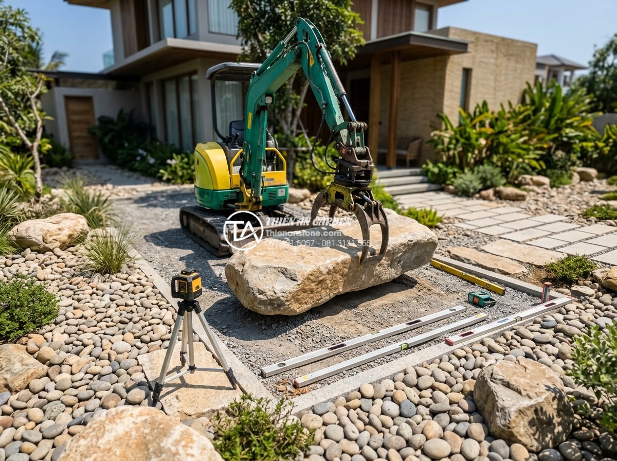 Kinh nghiệm thuê thợ thi công tiểu cảnh đá: Cách tránh tiền mất tật mang - Professional team from Thien An Stone installing massive natural stone slabs for