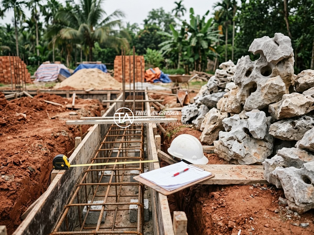 Kinh nghiệm thuê thợ thi công tiểu cảnh đá: Cách tránh tiền mất tật mang - Site inspection moment showing client and Thien An Stone supervisor checking fou