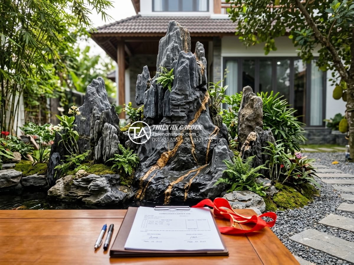 Kinh nghiệm thuê thợ thi công tiểu cảnh đá: Cách tránh tiền mất tật mang - Final handover ceremony of a completed stone garden project where the homeowner 