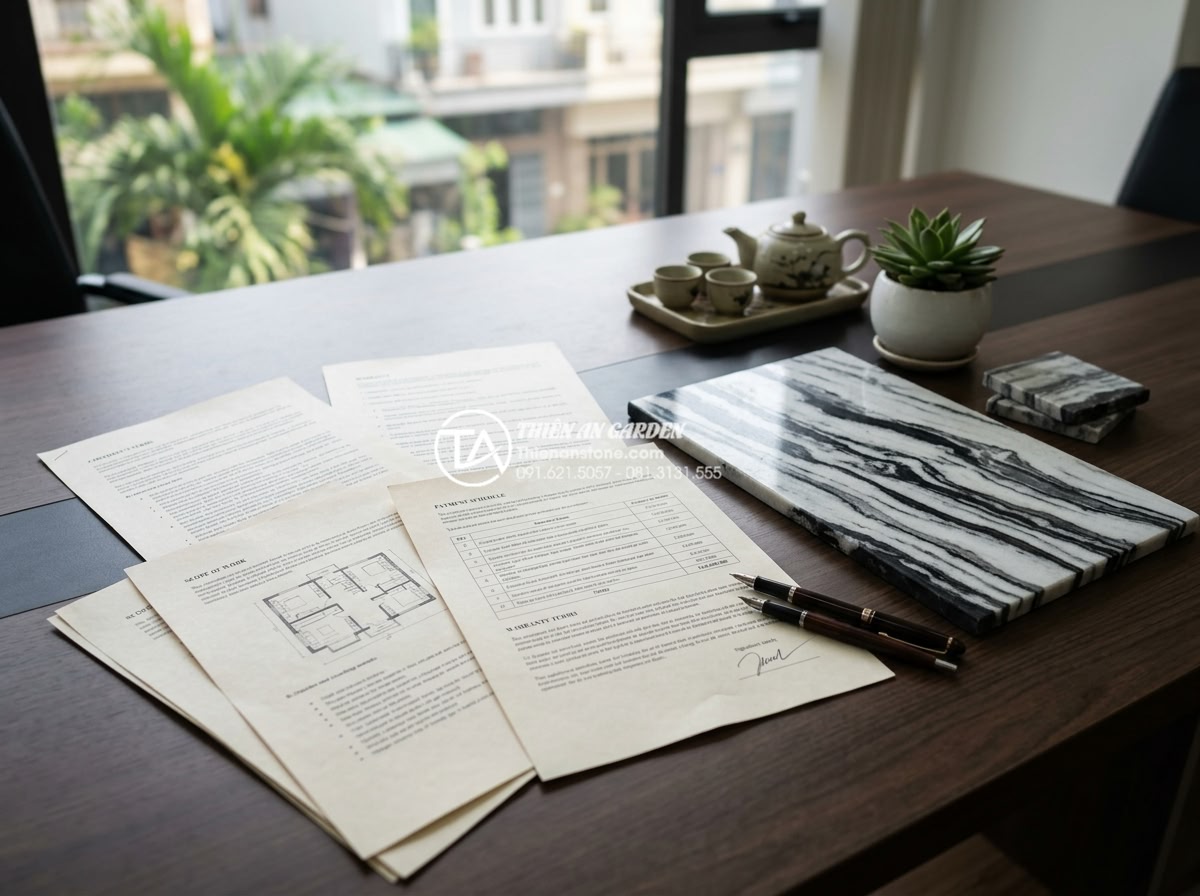 Kinh nghiệm thuê thợ thi công tiểu cảnh đá: Cách tránh tiền mất tật mang - Professional contract signing scene between homeowner and Thien An Stone represe