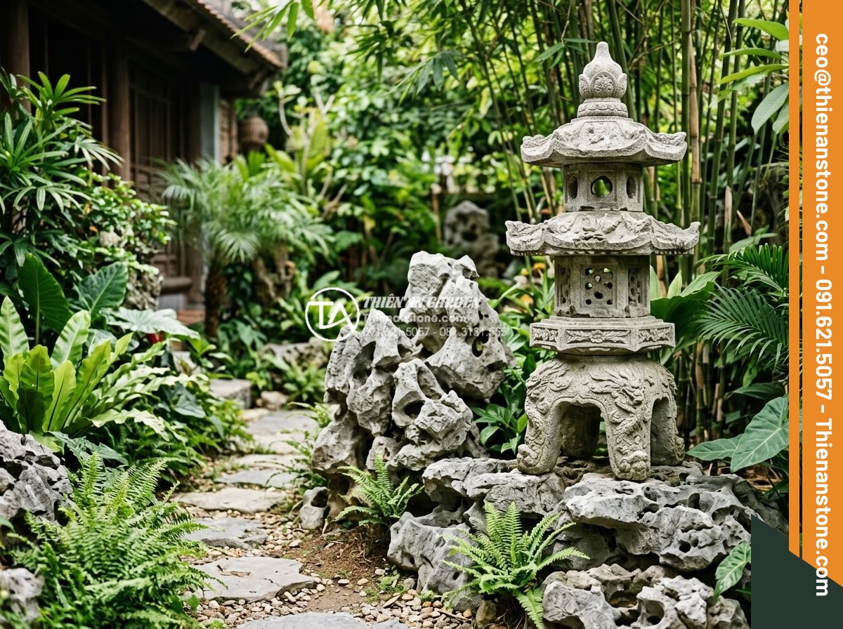 Làm thế nào để tiêu diệt rêu mốc trên đá tiểu cảnh sân sau hiệu quả? - Hình 9 Làm thế nào để tiêu diệt rêu mốc trên đá tiểu cảnh sân sau hiệu quả? - Artistic realistic photograph of custom carved natural stone lantern and decorat
