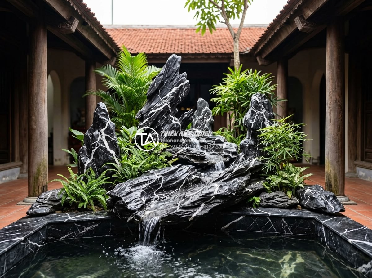 Lỗi thường gặp khi thi công tiểu cảnh giếng trời và cách khắc phục - Hình 11 Lỗi thường gặp khi thi công tiểu cảnh giếng trời và cách khắc phục - Feng shui optimized sky well design with harmonious stone placement, water flow