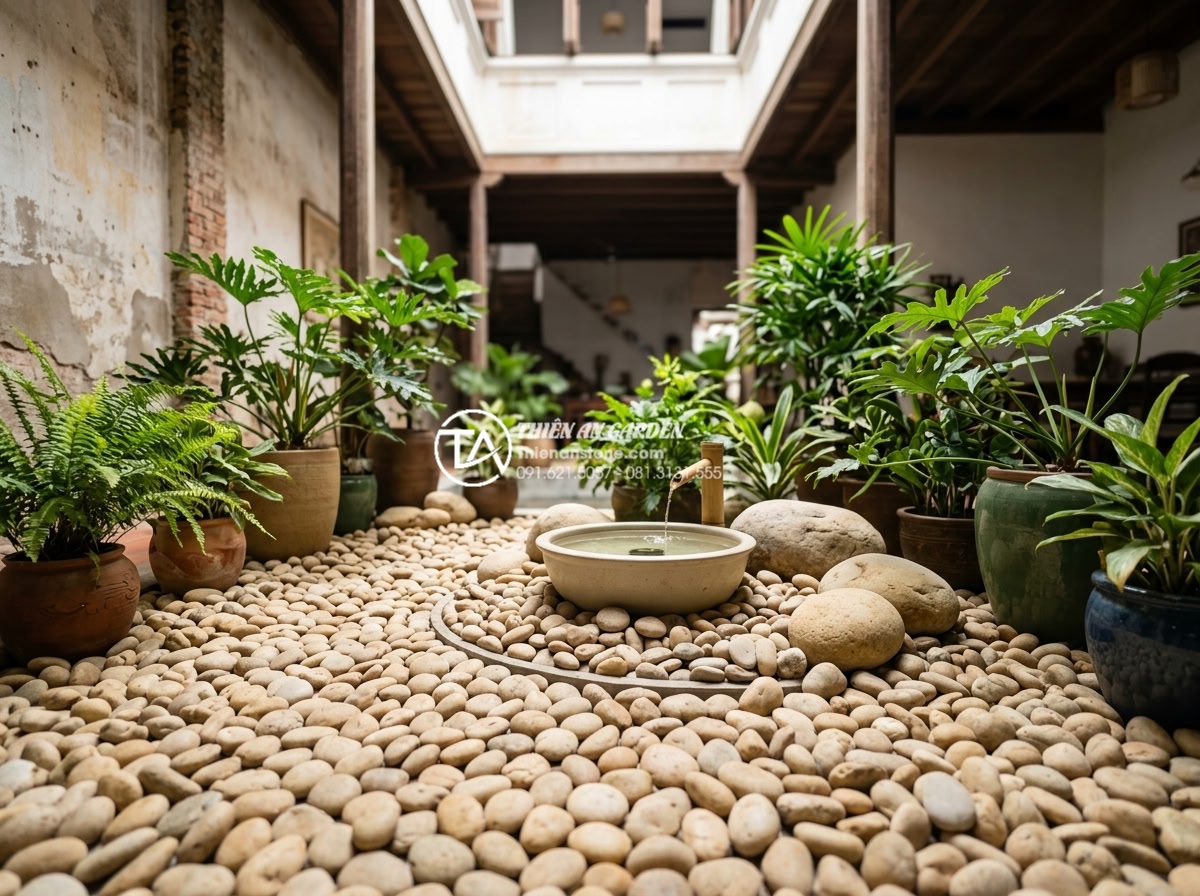 Lỗi thường gặp khi thi công tiểu cảnh giếng trời và cách khắc phục - Hình 12 Lỗi thường gặp khi thi công tiểu cảnh giếng trời và cách khắc phục - Auspicious natural stone arrangement following feng shui principles in a well-li