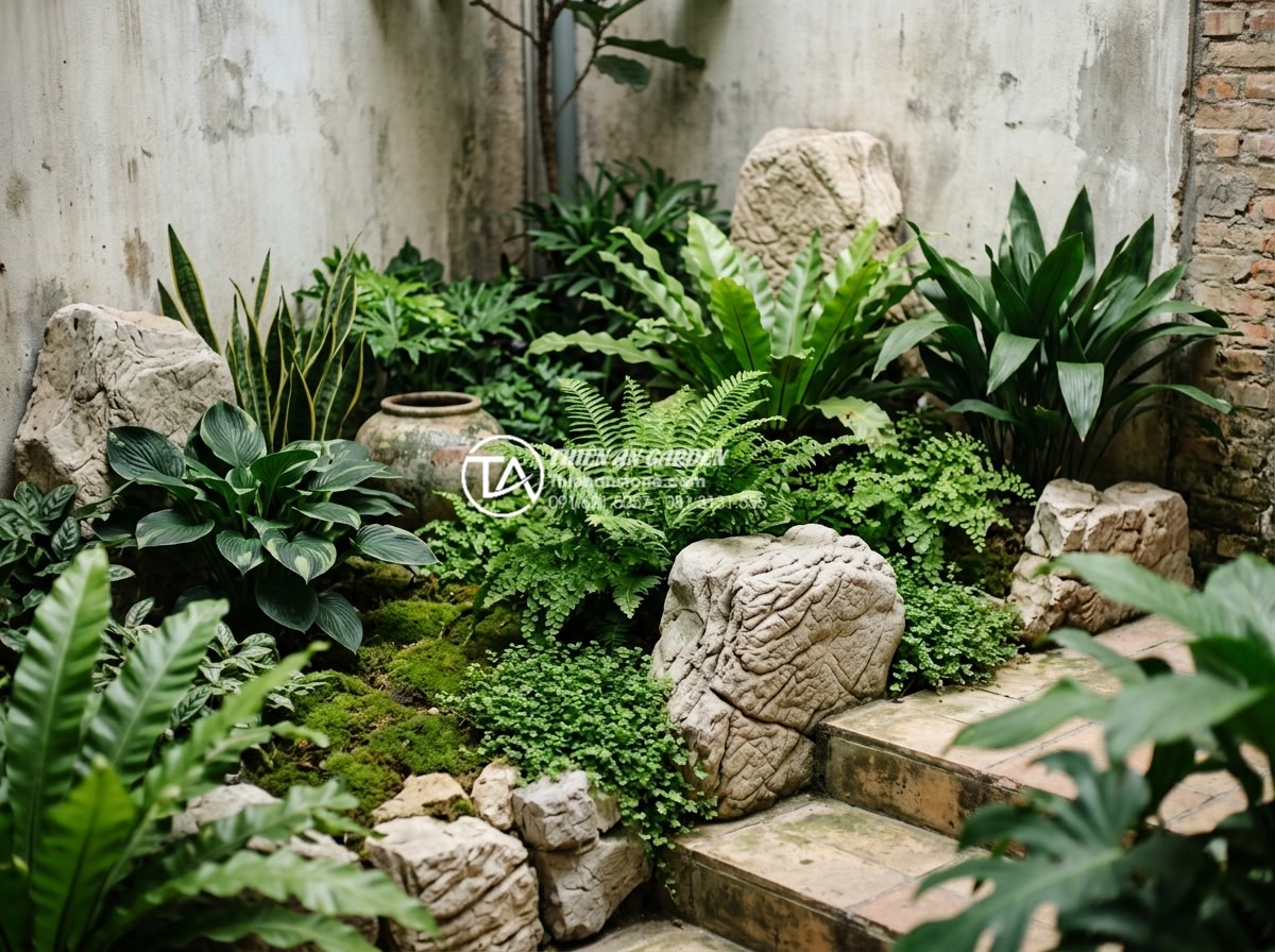 Lỗi thường gặp khi thi công tiểu cảnh giếng trời và cách khắc phục - Hình 13 Lỗi thường gặp khi thi công tiểu cảnh giếng trời và cách khắc phục - Diverse selection of suitable shade-loving plants integrated with natural stone