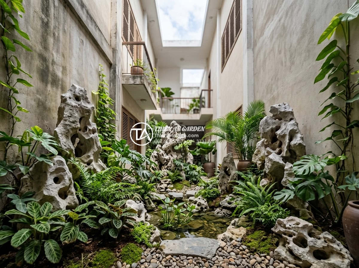 Lỗi thường gặp khi thi công tiểu cảnh giếng trời và cách khắc phục - Hình 14 Lỗi thường gặp khi thi công tiểu cảnh giếng trời và cách khắc phục - Lush green plants and artistic stone accents perfectly balanced within a sky wel