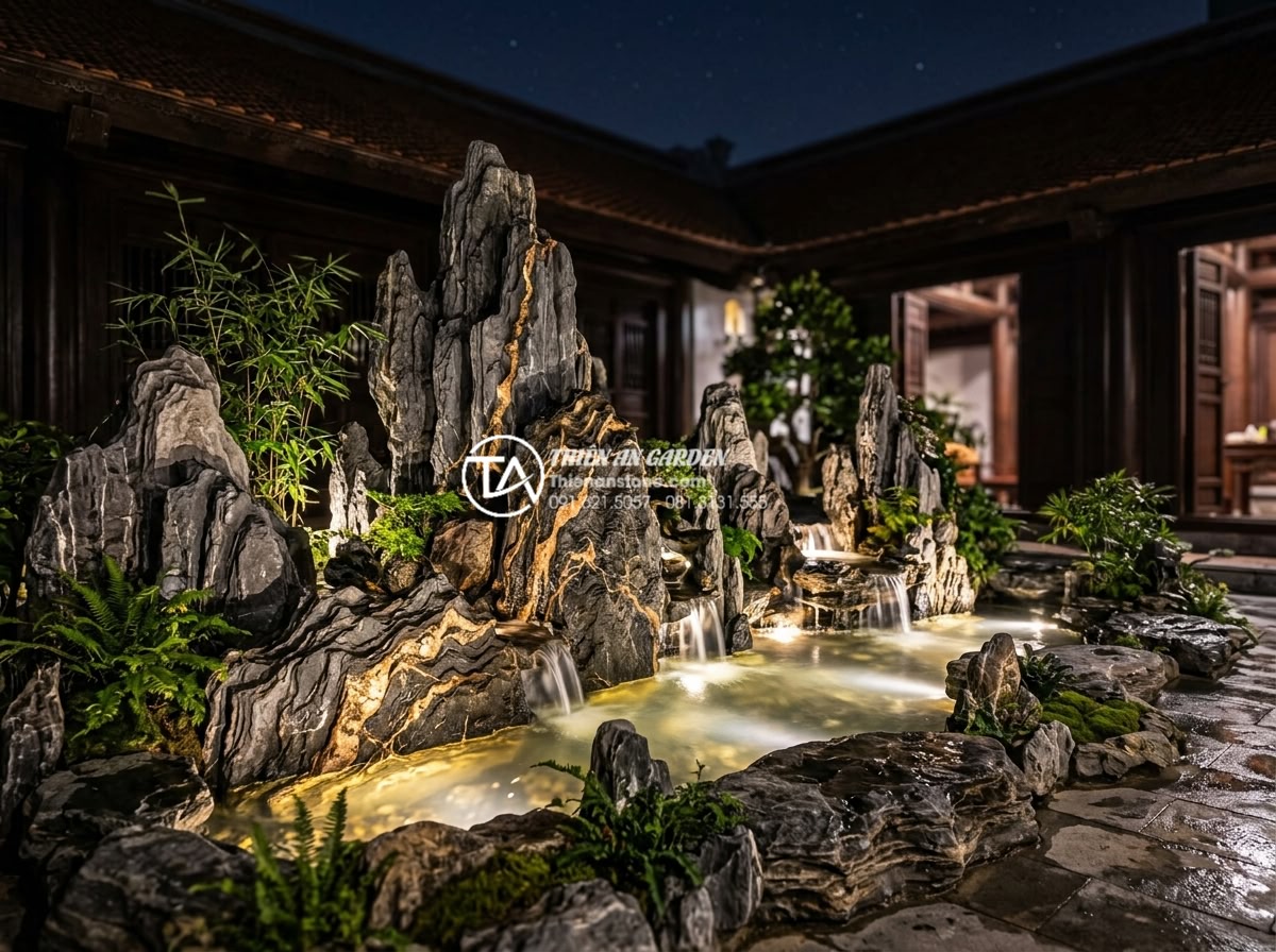 Lỗi thường gặp khi thi công tiểu cảnh giếng trời và cách khắc phục - Hình 15 Lỗi thường gặp khi thi công tiểu cảnh giếng trời và cách khắc phục - Nighttime illuminated sky well landscape showcasing dramatic LED lighting effect